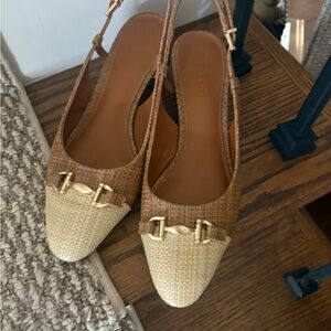 Woven Slingback Mules in Tan and Cream with Gold Accent